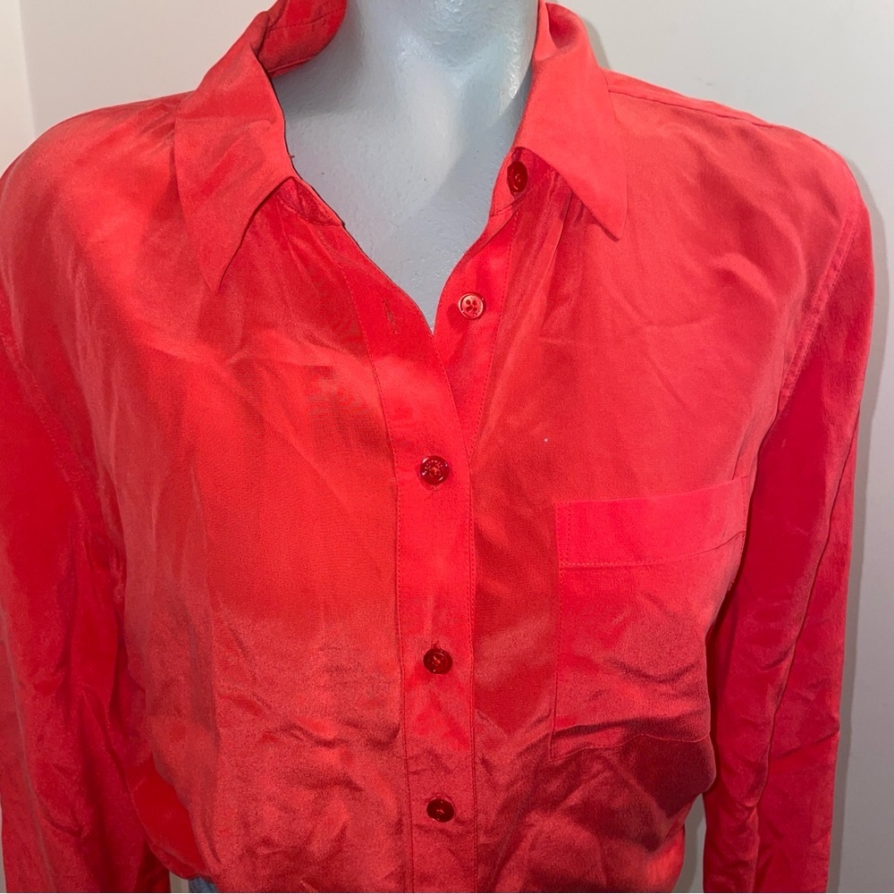 Equipment button down shirt collar popover tunic blouse red coral silk small